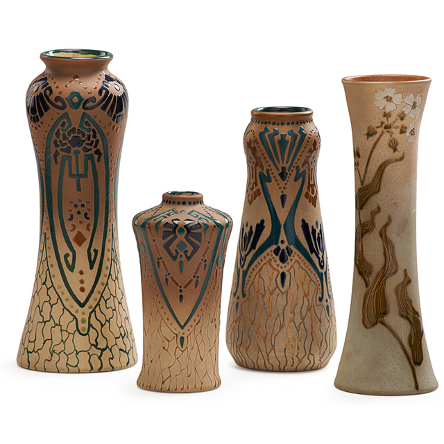 Roseville Pottery, ‘Rozane, Three Fudji Vases And One Woodland Vase, Zanesville, OH’, 1905-6, Rago/Wright