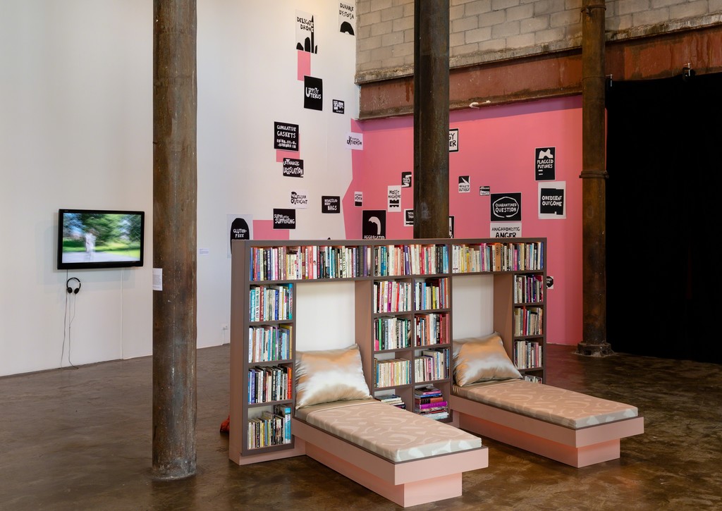 Installation view of Laugh Back, 2018.
Curated by Lindsey O’Connor
July 14 - August 19, 2018
Image courtesy of Smack Mellon. Photo by Etienne Frossard. Installation view of Laugh Back, 2018.
Curated by Lindsey O’Connor
July 14 - August 19, 2018
Image courtesy of Smack Mellon. Photo by Etienne Frossard.
