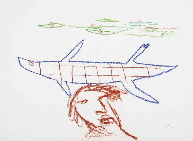 Sidney Nolan, ‘Head with crocodile and waterlilies’, 1984, Drawing, Collage or other Work on Paper, Pastel on paper, Charles Nodrum Gallery
