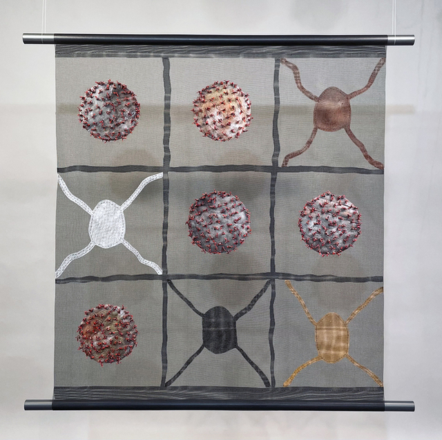 Joan Webster-Vore, ‘Tic Tac Co(vid)’, 2020, Painting, Mixed Media: Screen, paint, thread, string, shadows, Dab Art