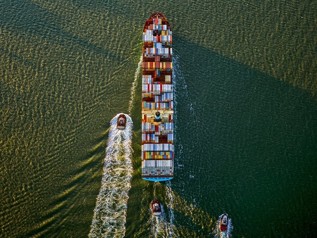 Jeffrey Milstein, ‘Container Ship and Tugs, Upper Bay, NY’, 2019, Photography, Archival Inkjet Print Mounted on Archival Substrate, Framed in White with Plexiglass, Bau-Xi Gallery