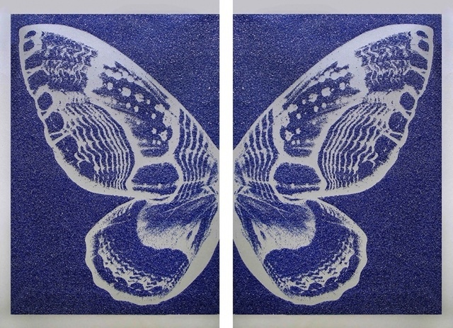 Rubem Robierb, ‘Silver Diptych Butterfly on Blue’, Print, Hand painted silkscreen and diamond dust on canvas, Art Angels