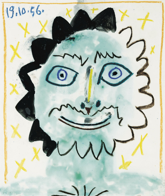 Pablo Picasso, ‘Tête Soleil, unique work’, 1956, Sculpture, White earthenware ceramic plate with colored engobe, pastel and glaze, BAILLY GALLERY