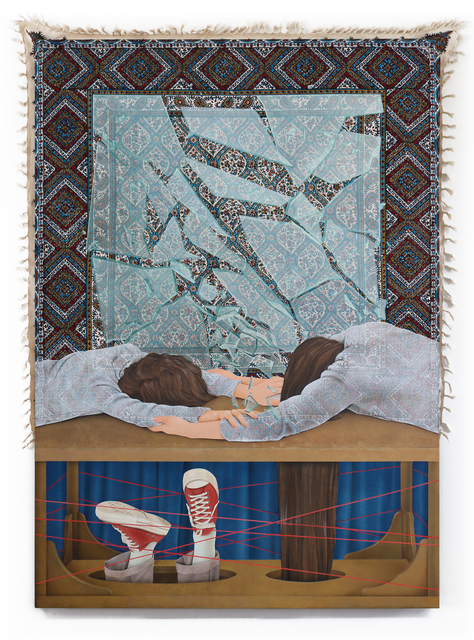 Arghavan Khosravi, ‘Living On The Edge’, 2019, Painting, Acrylic on found wood block printed fabric, acrylic on cotton canvas mounted on wooden panel, Stems Gallery