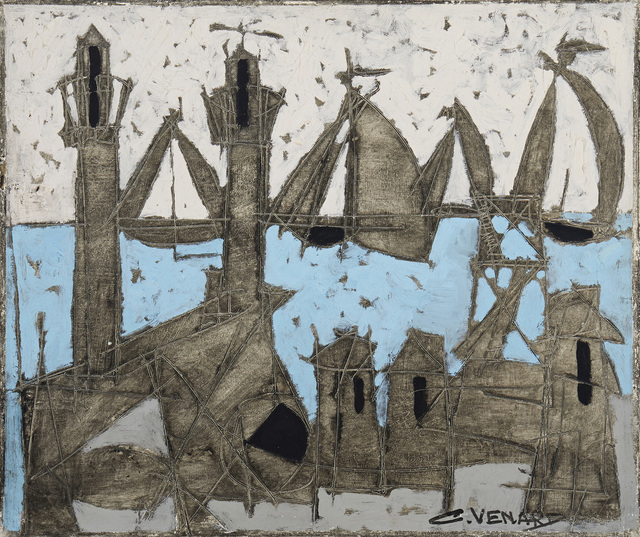 Claude Venard, ‘Abstract harbor scene’, Painting, Oil on paper laid to canvas, John Moran Auctioneers