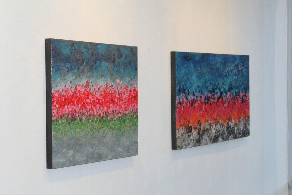 Marie Danielle Leblanc's Annupurna Base Camp (right) and Kot Danda (left) inspired by her Journey to Nepal. The vibrant pink/red/purple represent the national flower of Nepal, the Rhododendron Marie Danielle Leblanc's Annupurna Base Camp (right) and Kot Danda (left) inspired by her Journey to Nepal. The vibrant pink/red/purple represent the national flower of Nepal, the Rhododendron