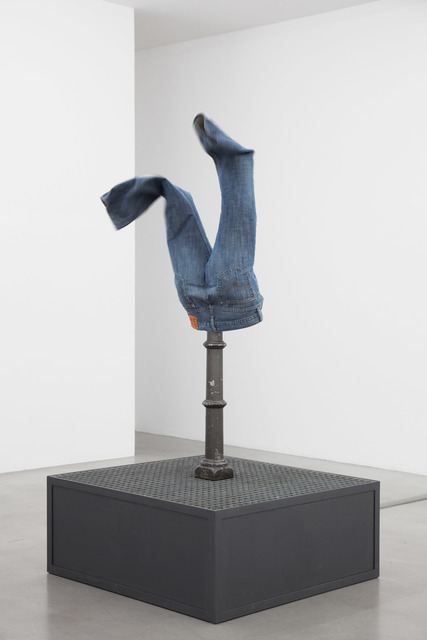 Sofia Hultén, ‘Manly Rainy Moany’, 2019, Installation, Found jeans, found street post, electric fans, steel grill, Galerie Nordenhake