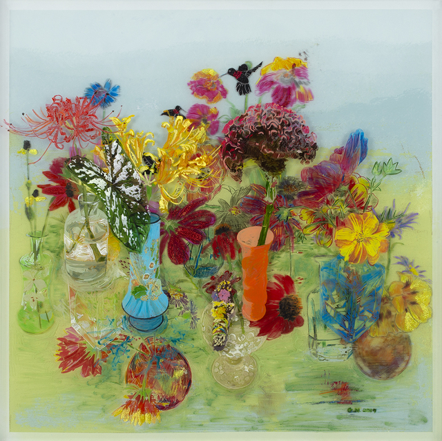 Gail Norfleet, ‘Hummingbird Garden’, 2019, Painting, Acrylic, collage, glitter, china marker, and litho pencil on two Lucite panels, Valley House Gallery & Sculpture Garden