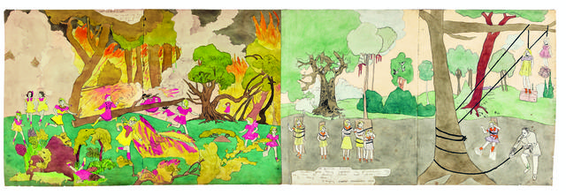 Henry Darger, ‘Again running from forest flame (left), At Jennie Turner Vivian Girls being captured - Hanging scene (right)’, 1910-1970, Musée d'Art Moderne de la Ville de Paris