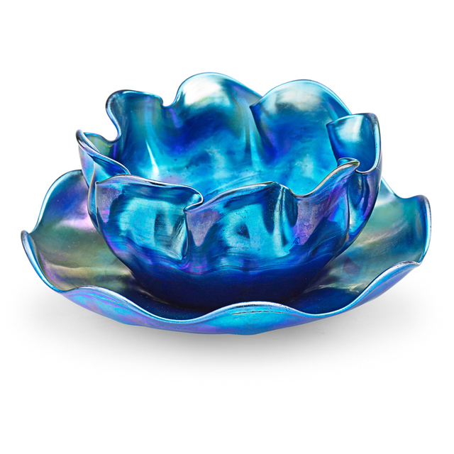 Tiffany Studios, ‘Blue Favrile Finger Bowl And Underplate, New York’, Early 20th C., Rago/Wright