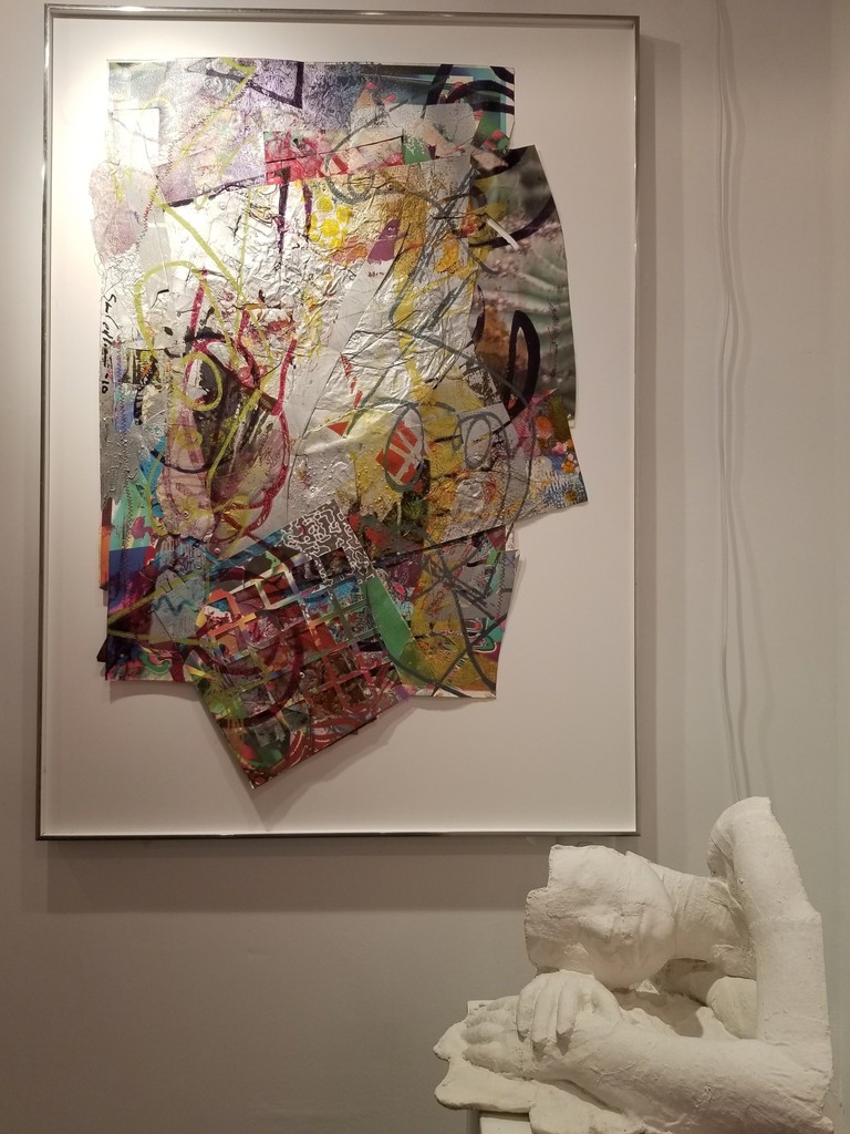 Sam Gilliam, "For the Fog," (2010, 28" x 43½") acrylic paint, wood veneer, varnish, Japanese paper, rivets, handmade paper, relief; George Segal, "Woman Resting" (1970, 10" x 13" x 15"
ed. 75) cast plaster Sam Gilliam, "For the Fog," (2010, 28" x 43½") acrylic paint, wood veneer, varnish, Japanese paper, rivets, handmade paper, relief; George Segal, "Woman Resting" (1970, 10" x 13" x 15"
ed. 75) cast plaster