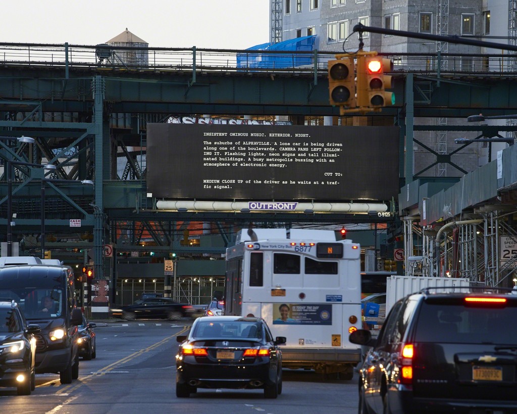 Alejandro Cesarco, Words Like Love: Alphaville, First Scenes, 2017, installation view, Jackson Avenue and Queens Plaza, Long Island City, New York. Billboard. 14 x 48 feet (4.3 x 14.6 m). Commissioned by SculptureCenter, New York. Courtesy the artist. Photo: Kyle Knodell Alejandro Cesarco, Words Like Love: Alphaville, First Scenes, 2017, installation view, Jackson Avenue and Queens Plaza, Long Island City, New York. Billboard. 14 x 48 feet (4.3 x 14.6 m). Commissioned by SculptureCenter, New York. Courtesy the artist. Photo: Kyle Knodell