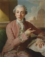 Portrait of a gentleman, seated, half-length, in a silver-trimmed pink coat and a powdered wig, with a plan of Valletta and a domed church beyond