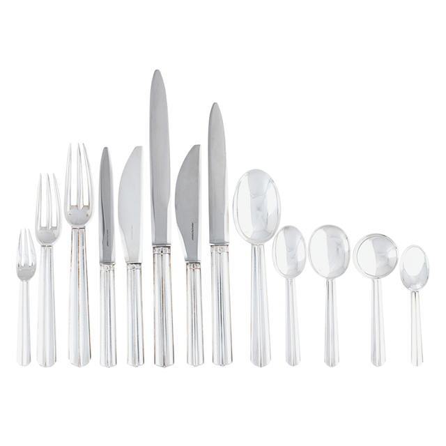 Jean E. Puiforcat, ‘Fine and rare 278-piece sterling silver nine-piece Biarritz flatware set for twenty-four with 15 tablespoons, 23 soup spoons, and 23 serving pieces, France,’, Rago/Wright