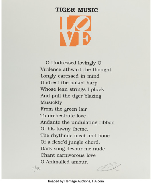 Robert Indiana, ‘Tiger Music, from The Book of Love Portfolio’, 1997, Other, Embossment in colors on A.N.W. Crestwood Museum Edition paper, Heritage Auctions