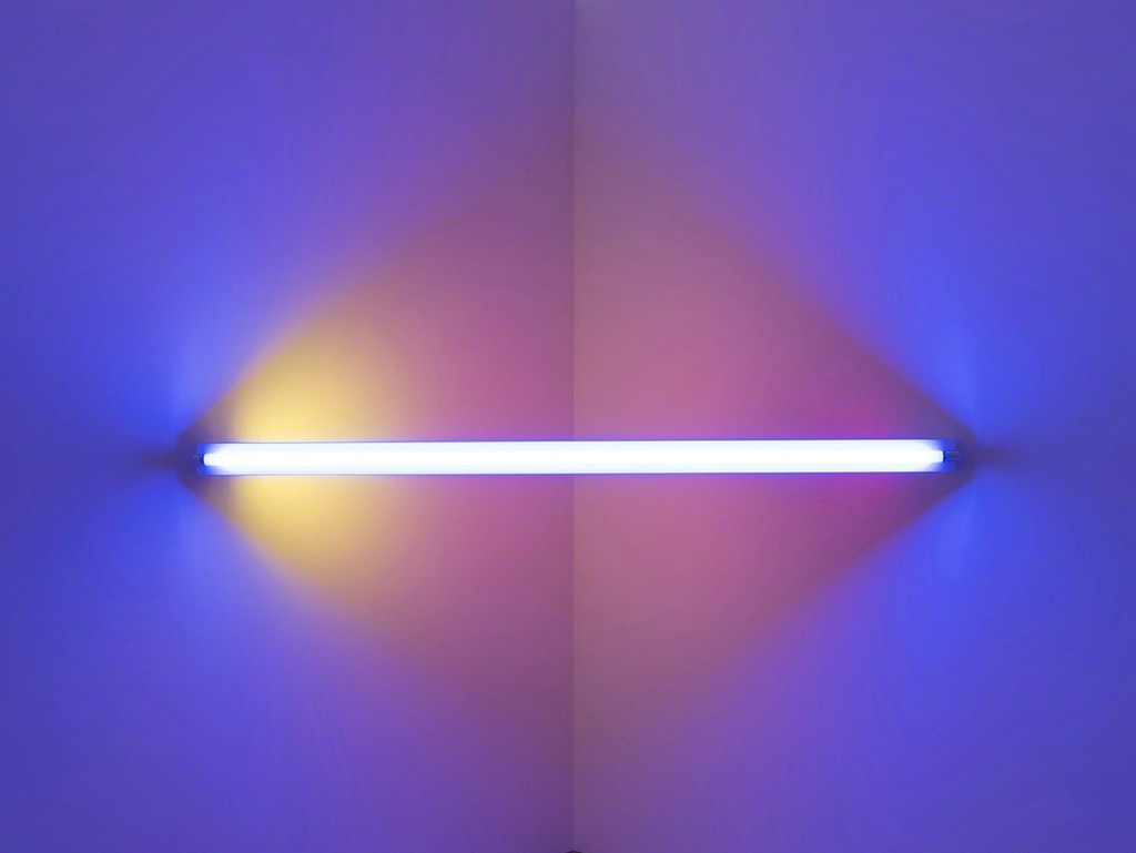 Dan Flavin, untitled (to Virginia Dwan) 1, 1971. Blue, red, pink, and yellow fluorescent light. 8 ft. wide across a corner. Installation view: Dan Flavin: cornered fluorescent light, Mana Contemporary, Jersey City, 2018. Photo: John Berens. Courtesy of the Estate of Dan Flavin Dan Flavin, untitled (to Virginia Dwan) 1, 1971. Blue, red, pink, and yellow fluorescent light. 8 ft. wide across a corner. Installation view: Dan Flavin: cornered fluorescent light, Mana Contemporary, Jersey City, 2018. Photo: John Berens. Courtesy of the Estate of Dan Flavin