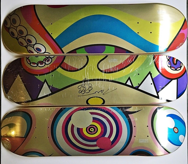 Takashi Murakami, ‘Original signed Flower Drawing on skateboard, Set of three (3)’, 2017, Alpha 137 Gallery Gallery Auction