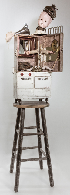 Gina M., ‘Listen Little Lady’, 2018, Installation, Assemblage, toy stove, doll parts, stool, mirrors, bronze baby shoes., Dab Art