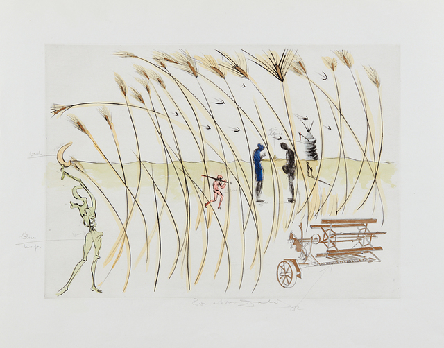 Salvador Dalí, ‘La Moissonneuse (The Combine-harvester), for Hommage à Leonardo da Vinci (American Inventions)’, 1975, Print, Drypoint with extensive hand-coloring in gouache, on Rives BFK paper, with full margins, Phillips