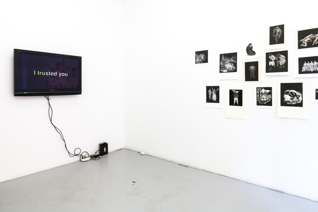 exhibition #4: (light) Stijn Peeters (Eindhoven), Lino Cuts (2003-05) – (left) Adam Knight (London), video/audio installation "I trusted you" (2018) exhibition #4: (light) Stijn Peeters (Eindhoven), Lino Cuts (2003-05) – (left) Adam Knight (London), video/audio installation "I trusted you" (2018)
