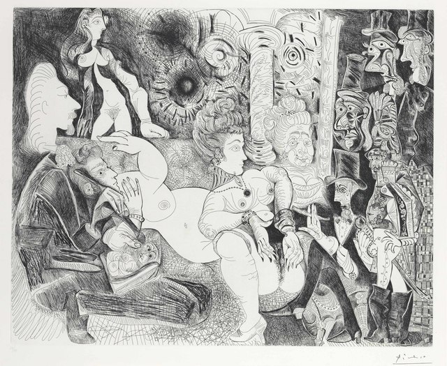 Pablo Picasso, ‘Peintre á lavalière dessinant son modéle dans le cadre de la maison tellier, from La Série 156’, 1970, Christie's