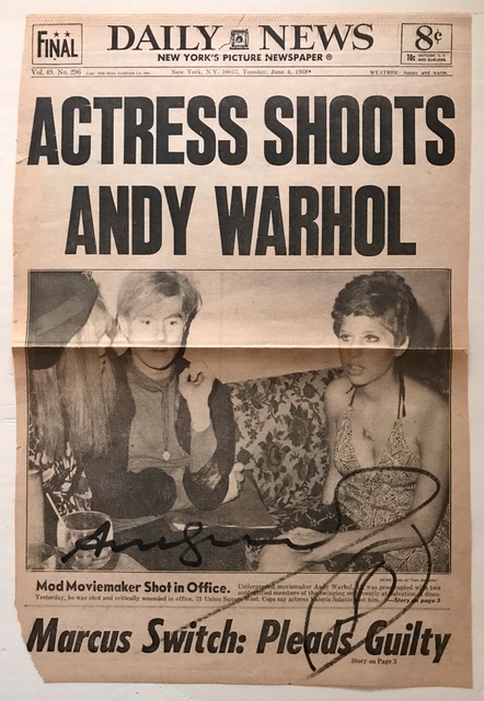 Andy Warhol, ‘Frontpage of Daily News - Actress shoots Andy Warhol, SIGNED’, 1968, MultiplesInc Projects