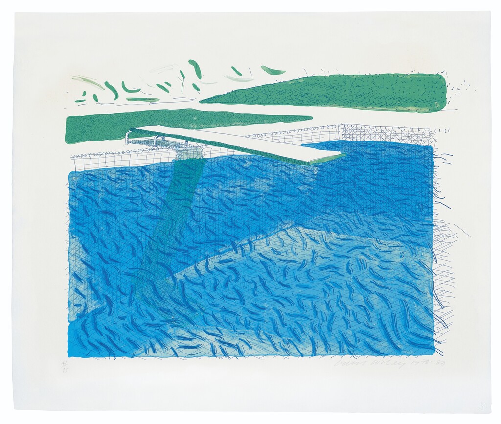 David Hockney - Lithographic Water Made of Lines, Crayon, and Two Blue Washes