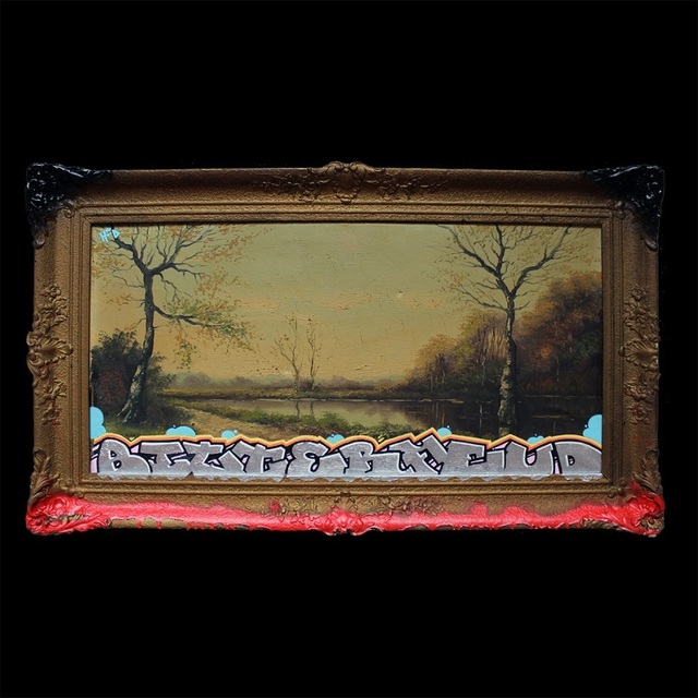 HoodKitsch, ‘Bitter Feud’, 2021, Painting, Posca pen (acryli paint) and spray paint on reclaimed kitsch print, Kalkman Gallery