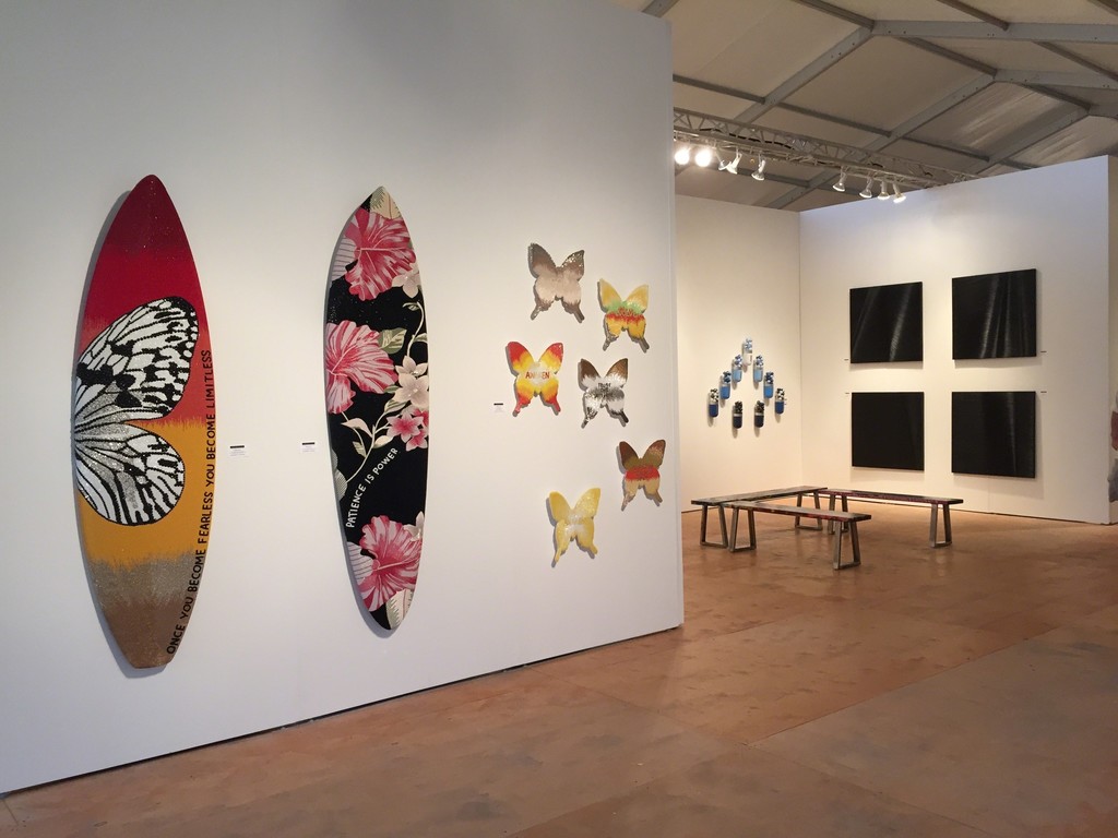 (from left) Stephanie Hirsch beaded surfboards and butterflies, (center) Edie Nadelhaft "Blue Angels" and (right) paintings by James Austin Murray (from left) Stephanie Hirsch beaded surfboards and butterflies, (center) Edie Nadelhaft "Blue Angels" and (right) paintings by James Austin Murray