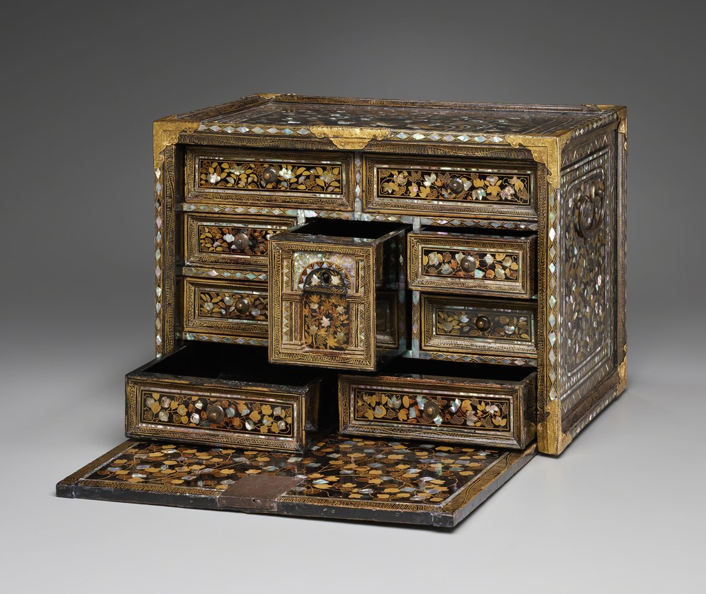 Fall-Front Cabinet with Flowers and Birds, Japan, Momoyama period (1573–1615), late 16th century. Hinoki cypress with black lacquer, sprinkled gold lacquer, inlaid mother-of-pearl, and bronze fittings. Yale University Art Gallery, Purchased with a gift from the Japan Foundation Endowment of the Council on East Asian Studies and with the Leonard C. Hanna, Jr., Class of 1913, Fund Fall-Front Cabinet with Flowers and Birds, Japan, Momoyama period (1573–1615), late 16th century. Hinoki cypress with black lacquer, sprinkled gold lacquer, inlaid mother-of-pearl, and bronze fittings. Yale University Art Gallery, Purchased with a gift from the Japan Foundation Endowment of the Council on East Asian Studies and with the Leonard C. Hanna, Jr., Class of 1913, Fund