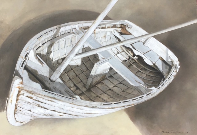 Michel Brosseau, ‘"Petit Bateau" oil painting of a white dinghy on exposed linen ’, 2019, Eisenhauer Gallery