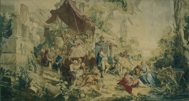 François Boucher, ‘Tapestry with the Scenes "L'Operateur" and "La Curiosité"’, 1736, Hillwood Estate, Museum & Gardens