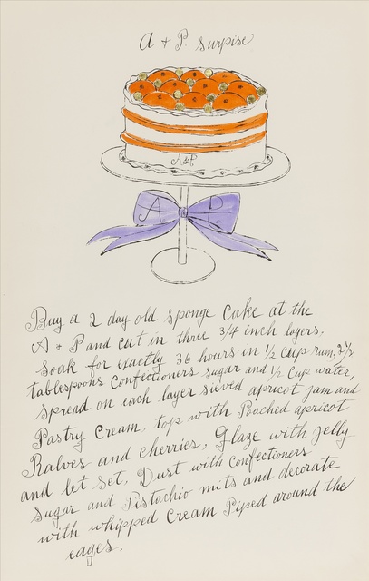 Andy Warhol, ‘A + P Surprise (from Wild Raspberries) (see Feldman & Schellmann IV.127.A)’, 1959, Print, Offset lithograph extensively heightened with watercolour and with collage of gold paper, on laid paper, Forum Auctions