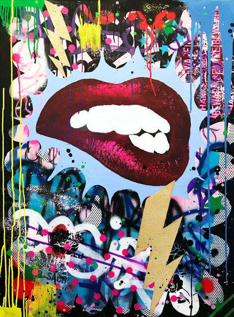 Indie184, ‘"READ MY LIPS 2"’, ca. 2017, Painting, Mixed media on cotton, Parlor Gallery