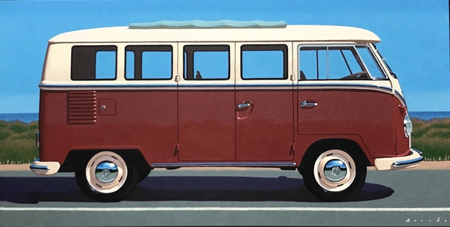 Rob Brooks, ‘“Samba at State” Photorealistic oil painting of a maroon Volkswagen Bus with Blue Sky’, 2019, Eisenhauer Gallery