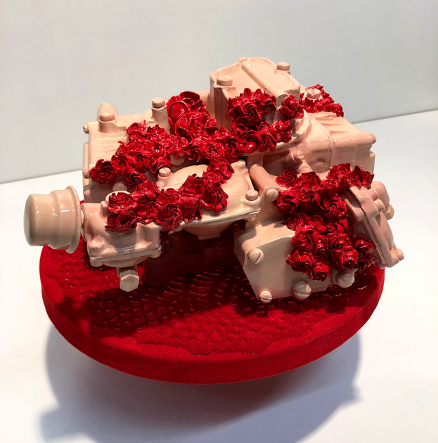 Clint Neufeld, ‘Fleshy holly on a flocked doily on a cake stand’, 2018, Sculpture, Ceramic, glass, flocking, doily, VIVIANEART