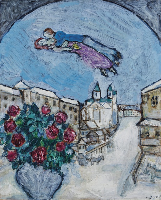 Marc Chagall, ‘Amoureux dans le Ciel ou Village Enneigé (Vitebsk)’, 1928-1930, Painting, Oil on board, David Benrimon Fine Art
