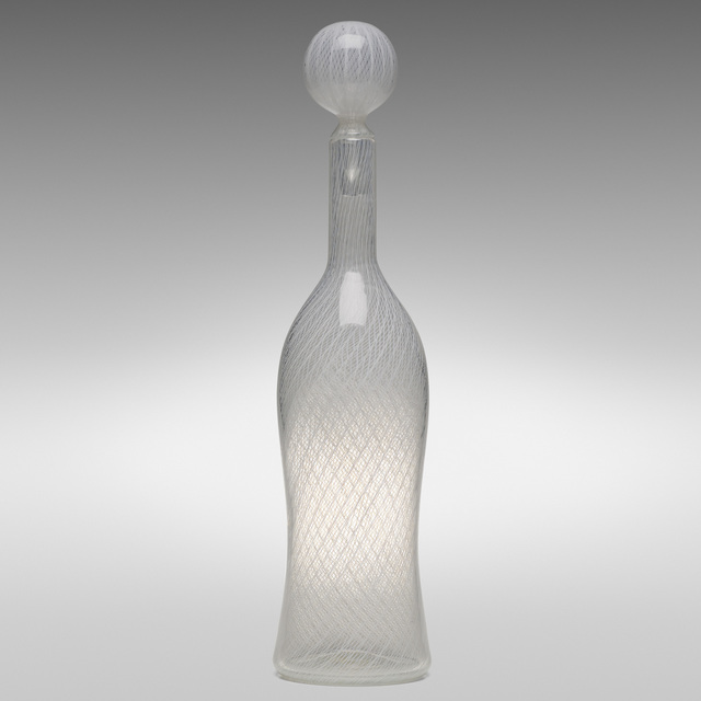 Paolo Venini, ‘Monumental Zanfirico bottle with stopper, model 4579’, 1956, Design/Decorative Art, Zanfirico glass with twisted lattimo canes, Rago/Wright