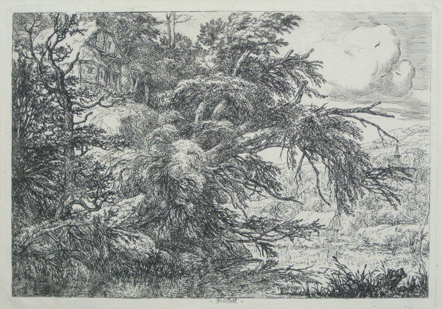 Jacob van Ruisdael, ‘The Cottage on the Hill’, 1650's, Print, Etching on laid paper, watermark Bunch of grapes, Jan Johnson Old Master & Modern Prints