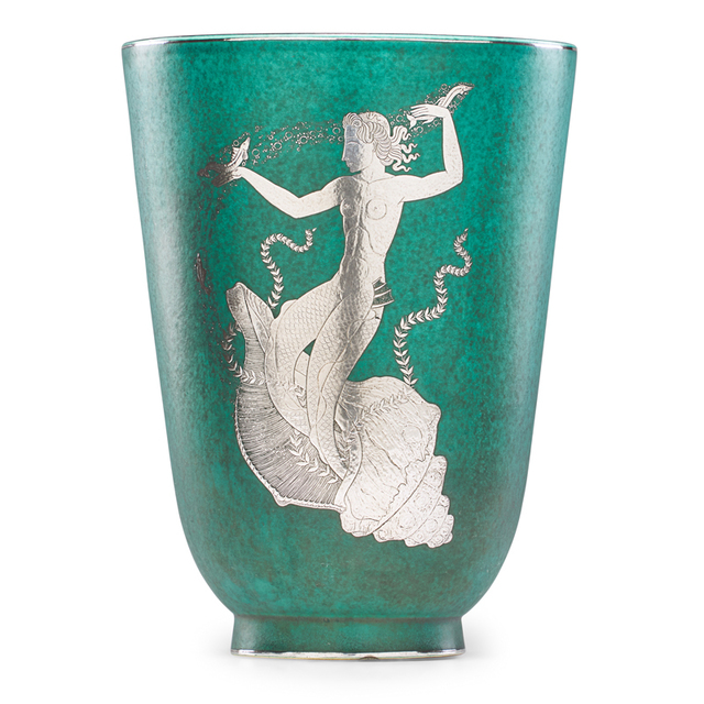 Wilhelm Kåge, ‘Fine large Argenta vase with fish and mermaid in conch shell, Sweden’, 1946, Design/Decorative Art, Glazed stoneware, silver inlay, Rago/Wright