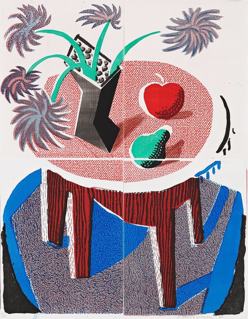 David Hockney, ‘Flowers, Apple & Pear on a Table, July 1986’, 1986, Print, Home made print in colours executed on an office colour copy machine, on four sheets of Arches rag paper, RAW Editions