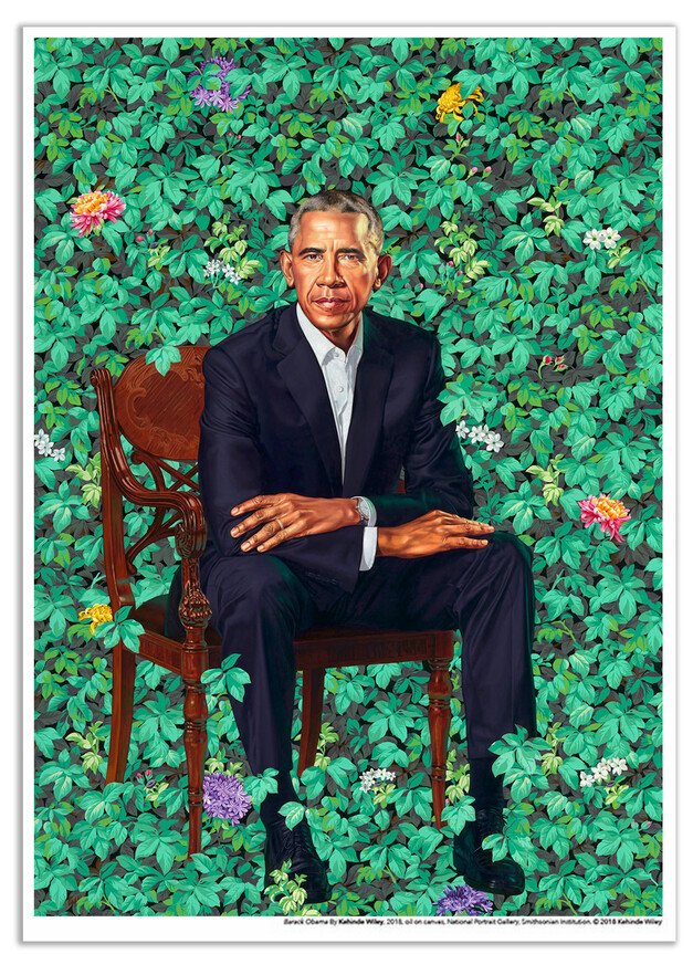 Portrait of Barack Obama sitting on a chair surrounded by green foliage and flowers