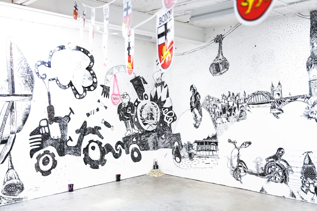 exhibition view: "Dat Maache me us de Lameng", installation by Christoph Mügge (Malmö, Sweden) and Sebastian Mügge (Umea, Sweden) – wall drawings by Sebastian Mügge exhibition view: "Dat Maache me us de Lameng", installation by Christoph Mügge (Malmö, Sweden) and Sebastian Mügge (Umea, Sweden) – wall drawings by Sebastian Mügge