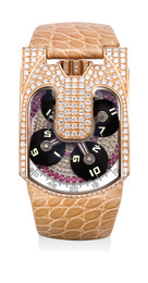 A unique and fine pink gold and ruby-and-diamond-set chronometer wristwatch with three-dimensional satellite hour display and power reserve