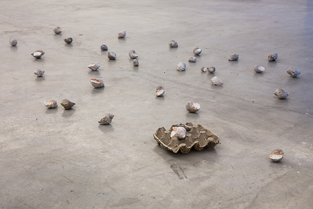 Renata De Bonis, ‘Big bang bang baang bang-bang ’, 2015, Sculpture, Shells filled with iron and cement and egg box made of cement resin, CASANOVA