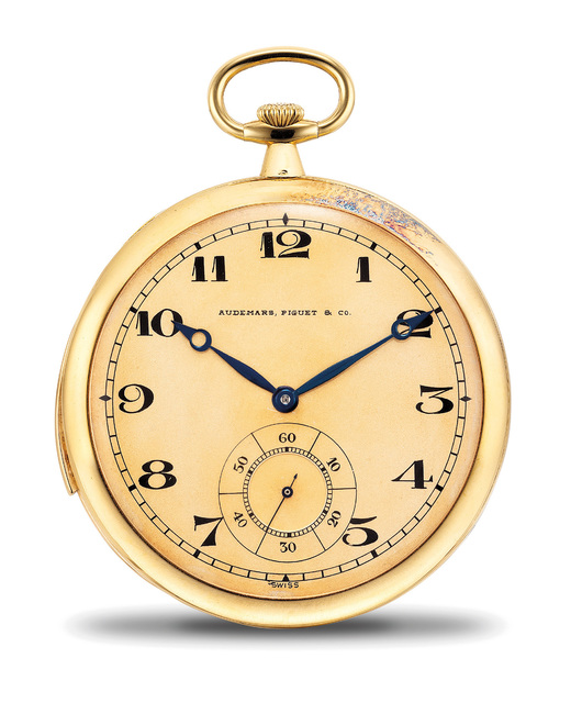 Audemars Piguet, ‘A very rare, very fine and attractive yellow gold ultra thin minute repeating openface pocket watch with extra movement’, 1914, Phillips