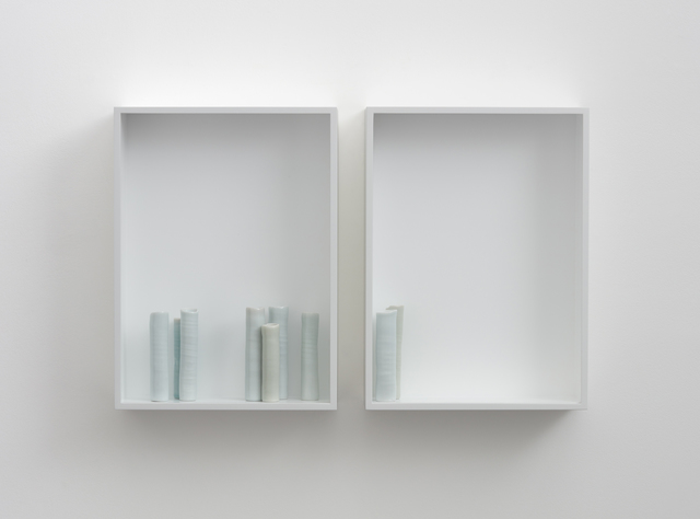 Edmund de Waal, ‘- and gone -’, 2015, Sculpture, 8 porcelain vessels in a pair of aluminium and plexiglass vitrines, Ingleby Gallery