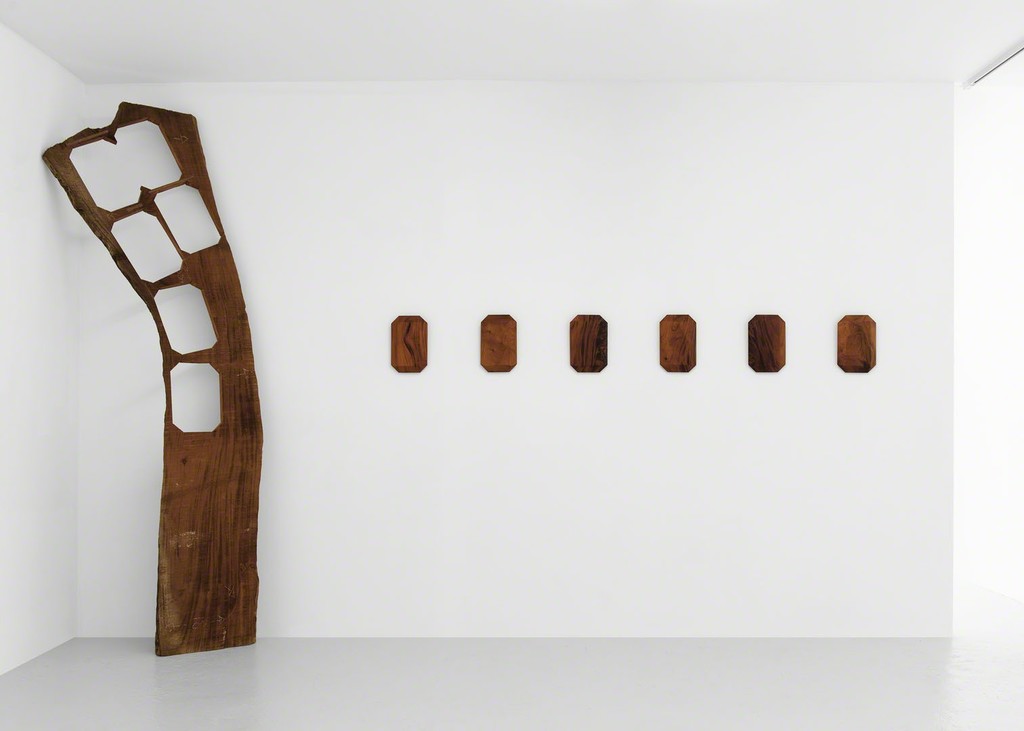 LUCY SKAER
Faces and Margin
2015
Salvaged mahogany
6 wood pieces each: 33 x 21 x 5 cm | 13 x 8.3 x 2 inches Flitch: 266.7 x 76.2 x 10.2 cm | 105 x 30 x 4 inches LUCY SKAER
Faces and Margin
2015
Salvaged mahogany
6 wood pieces each: 33 x 21 x 5 cm | 13 x 8.3 x 2 inches Flitch: 266.7 x 76.2 x 10.2 cm | 105 x 30 x 4 inches