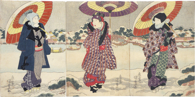 Utagawa Toyokuni III (Utagawa Kunisada), ‘Actors Ichikawa Danjuro VII, Iwai Kumesaburo II and Matsumoto Koshiro V at the Sumida River in the Snow’, ca. 1825, Print, Woodblock triptych, Scholten Japanese Art