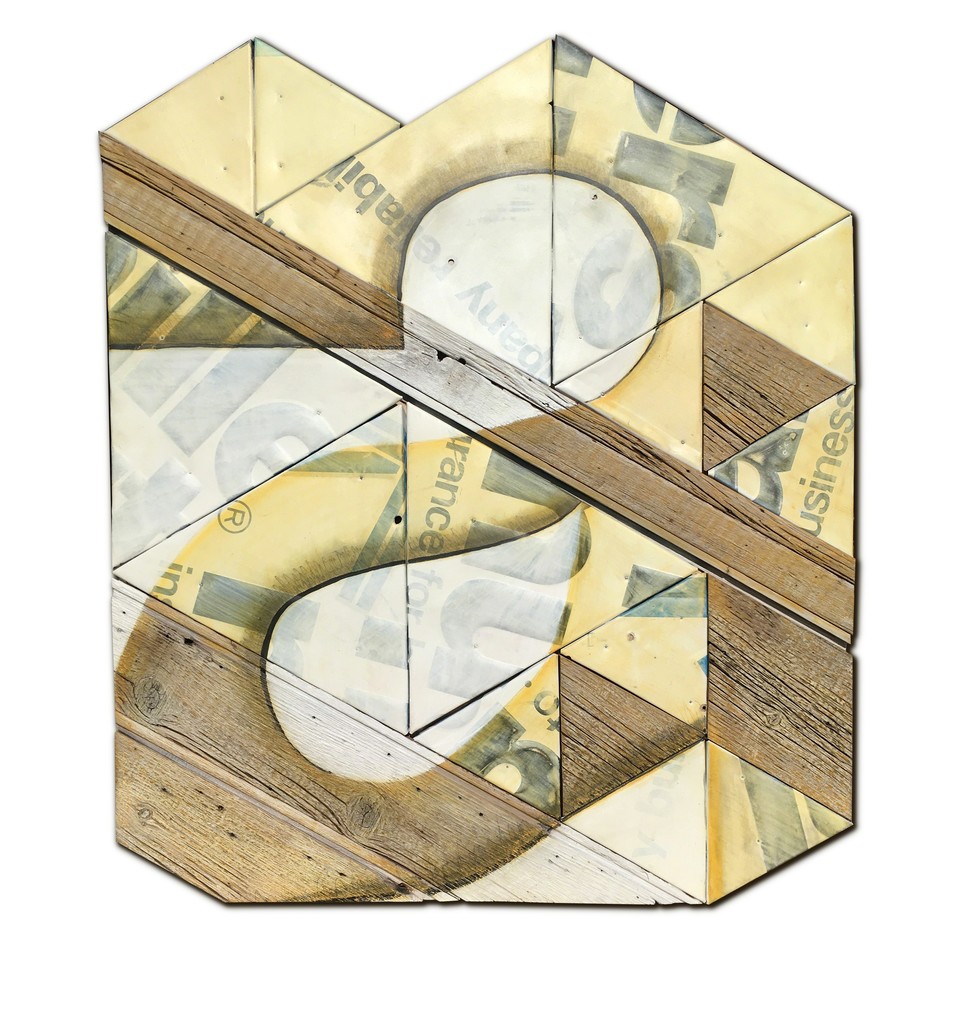 "All in All" by Benjamin Lowder, 2017, mixed media over vintage metal signage, 33" x 38" "All in All" by Benjamin Lowder, 2017, mixed media over vintage metal signage, 33" x 38"